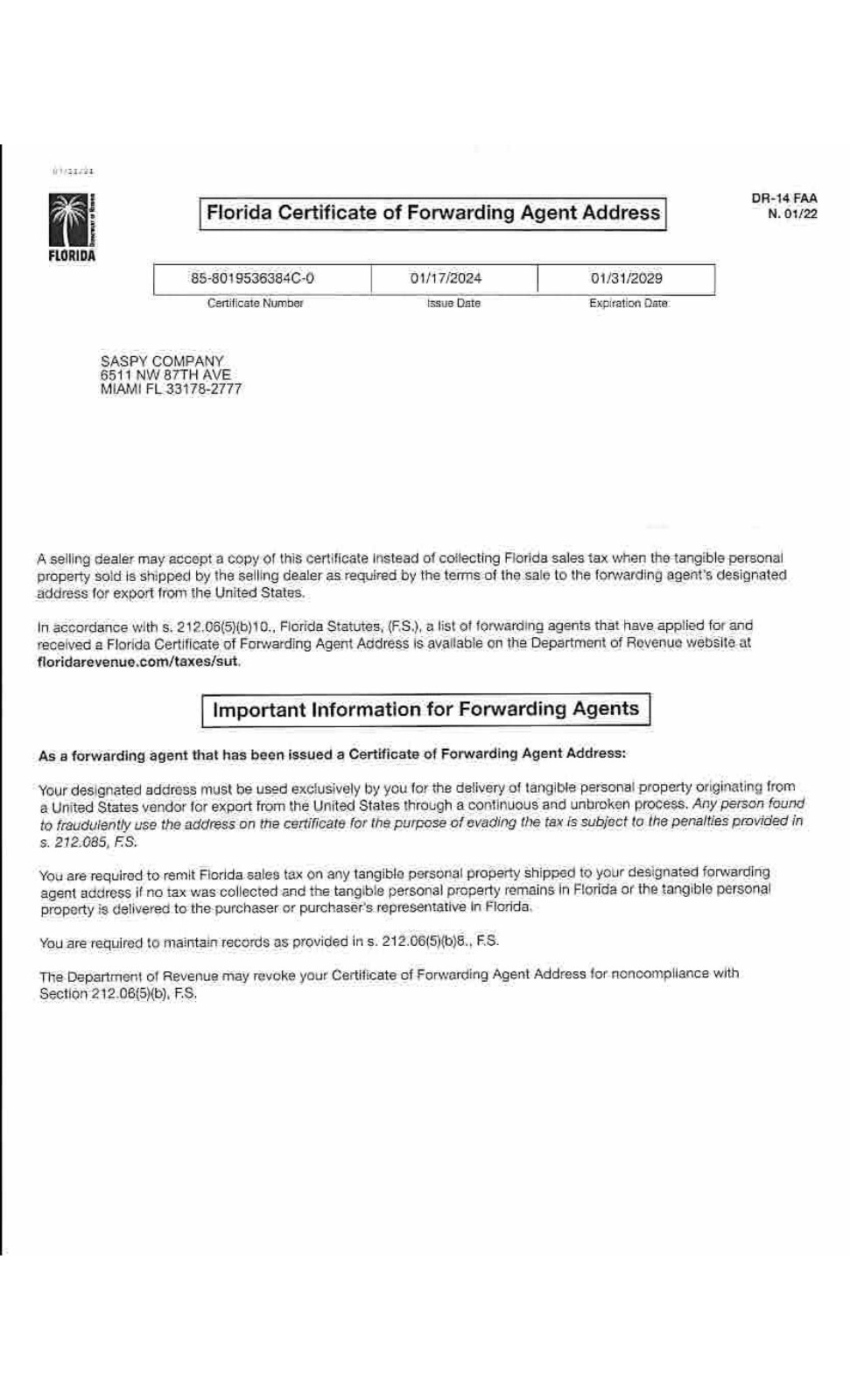 Florida Forwarding Agent Certificate